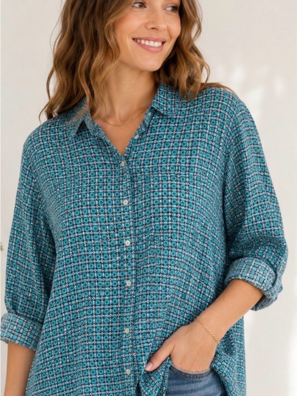 Anthropologie Teal Geometric Button-Down Shirt